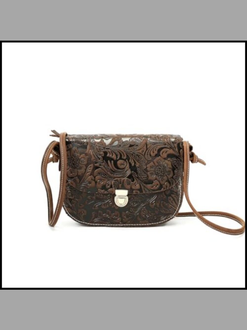 Genuine Leather Floral Embossed Crossbody Bag Metal Turn Lock
